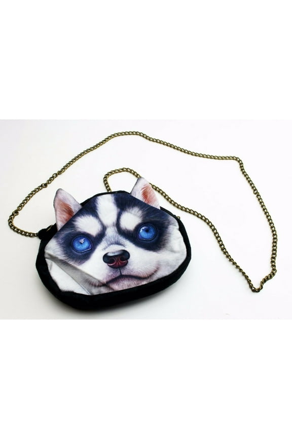 Mini Dog Face Crossbody Bag Purse 3D Print Cute Blue Eyed Husky w/ Chain Strap KT00071