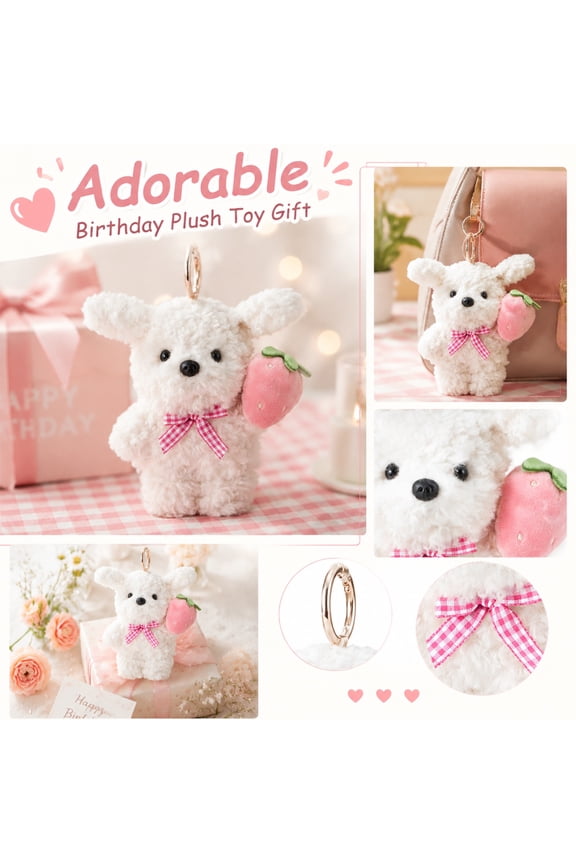Mini Dog Plush Keychain, Cute Stuffed Animal, Birthday Gift for Friend, Birthday Plush, Keychain Clip, 4X2.5 Inch 1Pc Vintage-Inspired Adorable Fluffy White Dog Plush Toys with