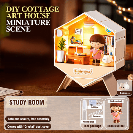 Mini Doll House Building Kit for Kids, DIY Miniature House Kit with Lights Craft for Adults Home Decoration & Christmas Birthday Gifts(Study)