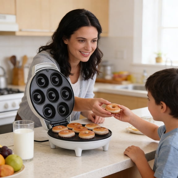 Mini Donut Maker 7 Count Doughnut Making Machine Residential Dessert Maker with Non-Stick Plates Donut Baking Pan Kitchen Baking Tools for Breakfast Party(White)