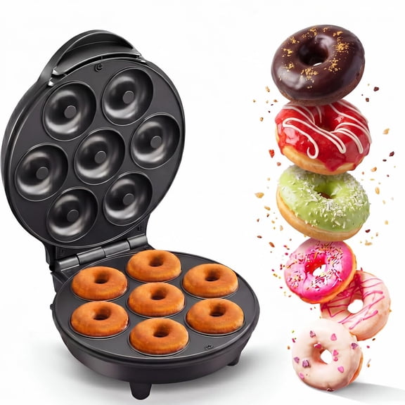 Mini Donut Maker, Homemade Dessert Machine with DoubleSided NonStick Surface, SpaceSaving Design, Makes 7 Donuts