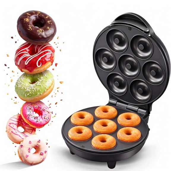 Mini Donut Maker, Homemade Dessert Maker Features Double-Sided, Non-Stick Surface & Space-Saving Design, Makes 7