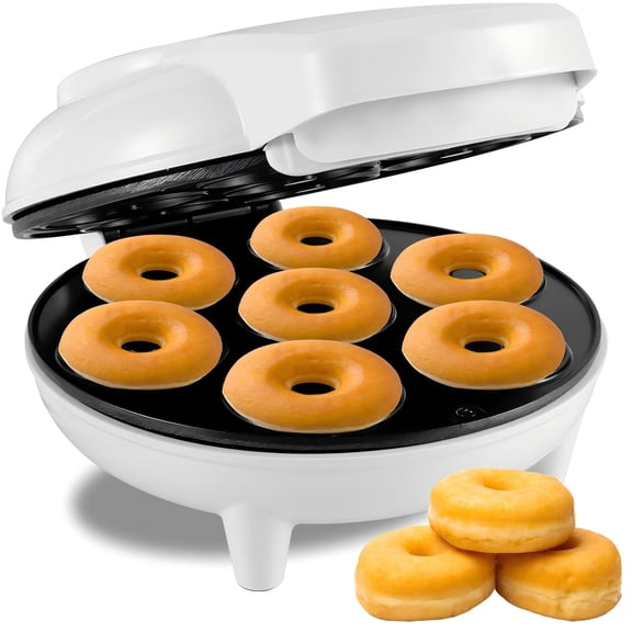 Mini Donut Maker Machine, 1200W Electric Non-Stick 7-Hole Doughnut Baker for Kid-Friendly Breakfast, White