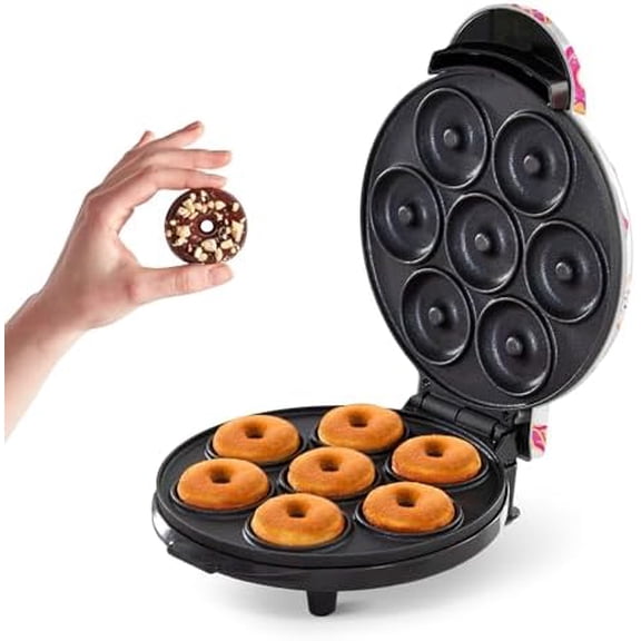 Mini Donut Maker Machine for Kid-Friendly Breakfast, Snacks, Desserts & More with Non-stick Surface, Makes 7 Doughnuts, Donut Print