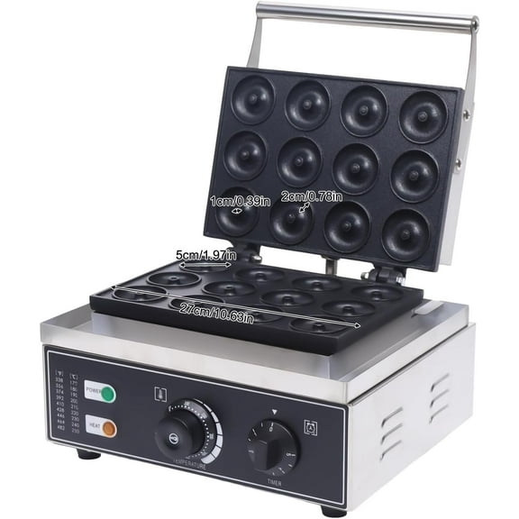 Mini Donut Maker, Pancakes Maker Machine,1550W Electric Waffle Donut Machine Double-Sided Heating 50-300℃ Non-Stick Coating For Professional Kitchen, Bakery, Dessert Shop (12Holes)