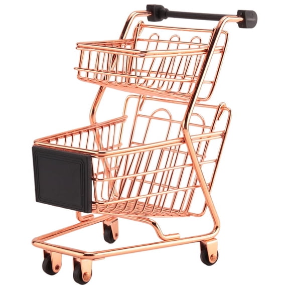 HOT! Mini Double Layers Shopping Cart Model Wrought Iron Supermarket Trolley Metal Rose Gold Storage Basket