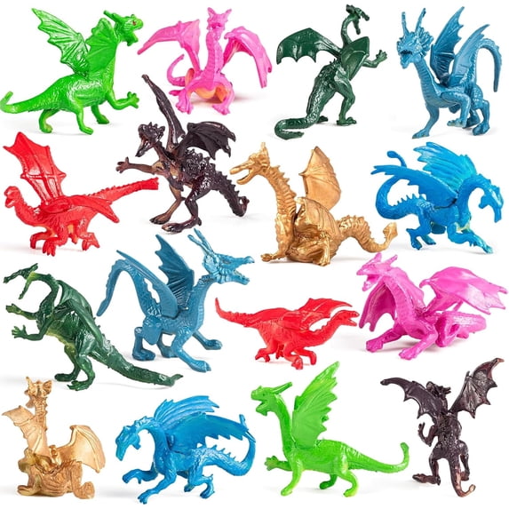 Mini Dragon Toy Figures - (Pack of 36) 2 Inch Plastic Rubbery Dragon Figurines in Assorted Colors and Styles - Kids Toys for Birthday Party Favors, Decorations, Cupcake Toppers and Piñatas