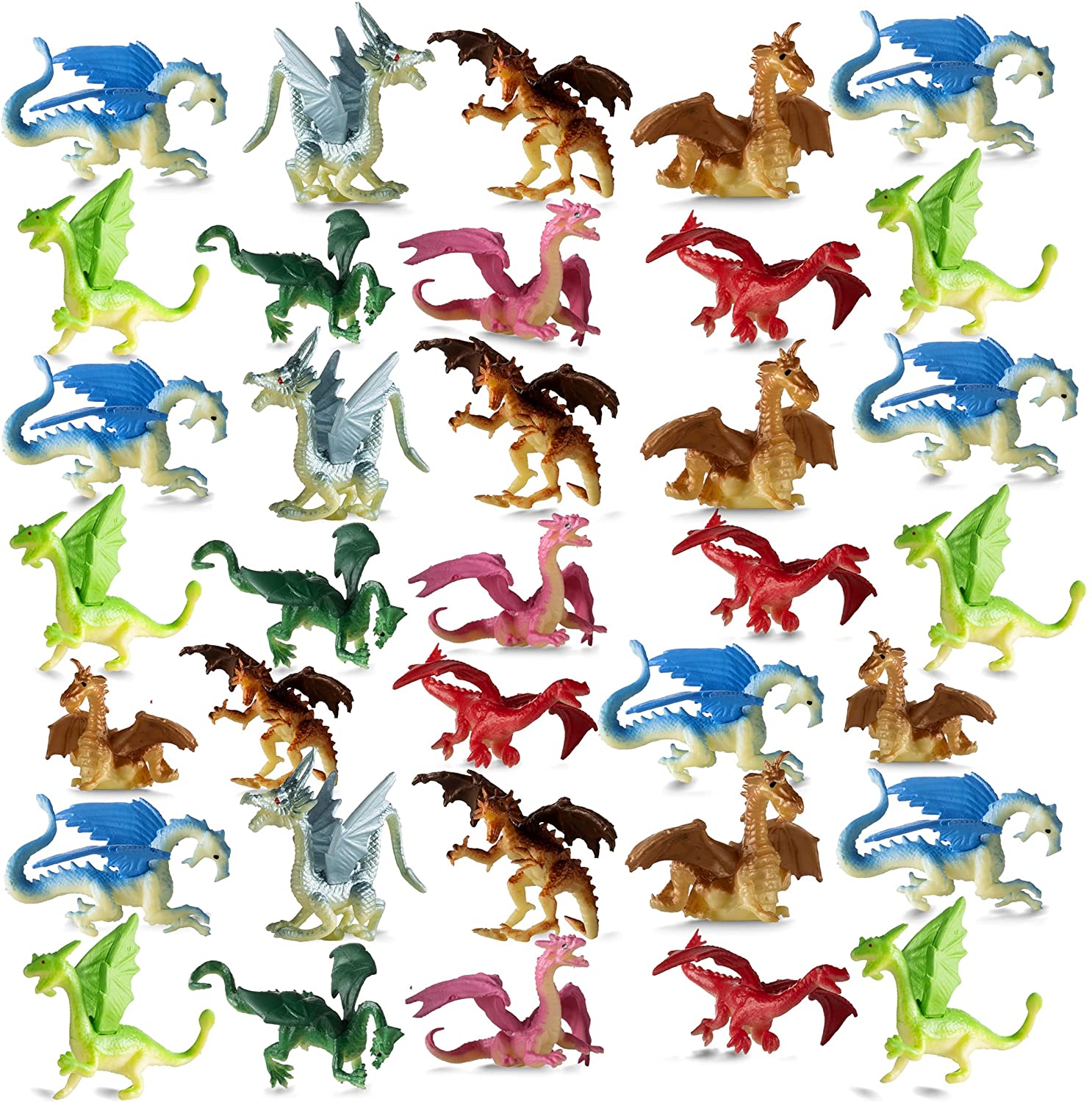 Mini Dragon Toy Figures - (Pack of 36) 2 Inch Plastic Rubbery Dragon  Figurines in Assorted Colors and Styles - Kids Toys for Birthday Party  Favors, Decorations, Cupcake Toppers and Piñatas 
