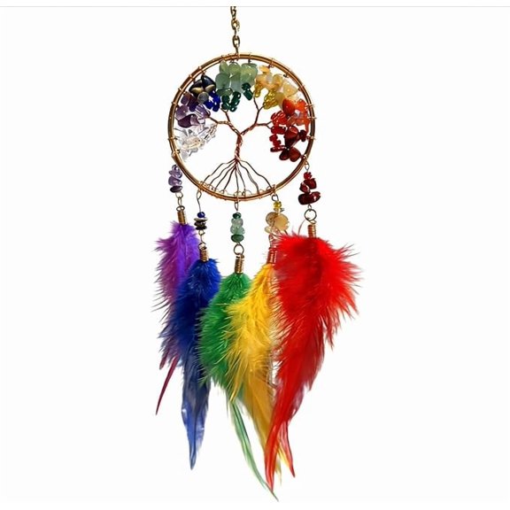 Mini Dream Catcher Tree of Life car Hanging,with Natural Healing Crystal Stone,Perfect Crystal Handmade Dreamlike Dream Catchers for Girl Cars Decor Art Craft Gift (Rainbow)