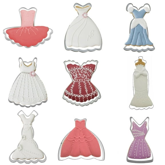 Mini Dress Cookie Cutter Set of 9 pcs, Stainless Steel Mini ONE-BITE SIZE Wedding Dress Shaped Fondant Cutters Baking Molds