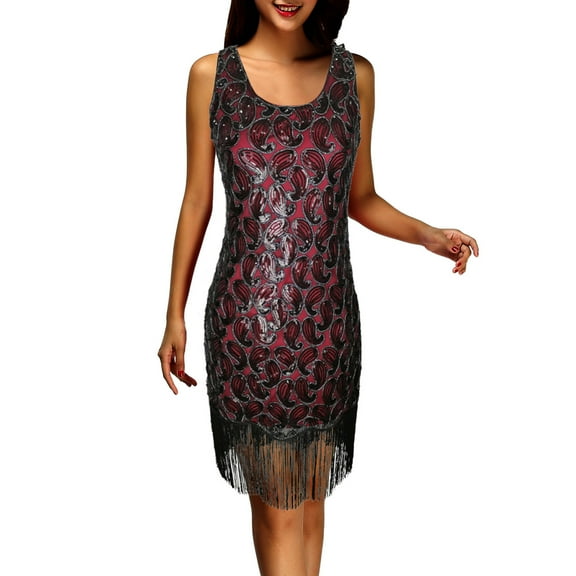 Mini Dress Dgankt Women's Sequin Tassel Sexy Fashion 20s Vintage Embellished Sequin Beaded Evening Dress Sleeveless Neck Dress