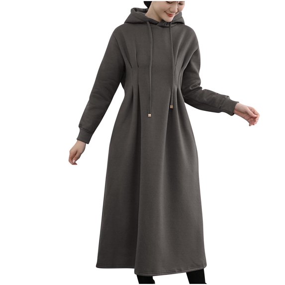 Mini Dress Fall Womens Long Hoodie Dress High Waisted Tunic Thicken Fleece Lined Pullover Sweatshirt Long Dress Womens Maxi Dress S-285 Gray L
