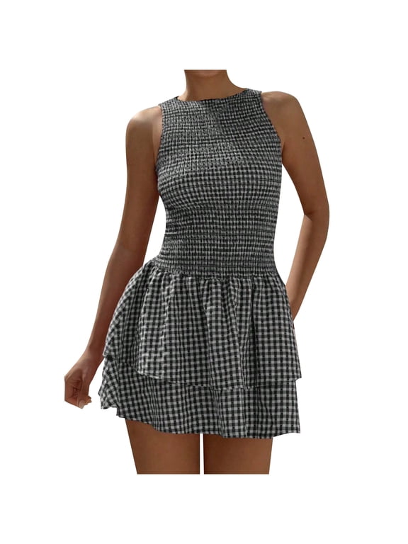 Mini Dress Sevevn Women's Gingham Smocked Mini Dress Sleeveless Tiered Ruffle Hem Summer Dress Black S