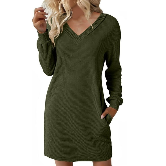 Mini Dress for Women Long Sleeve V Neck Solid Color Pullover A Line Sweatshirt Dress with Pockets Olive Green M