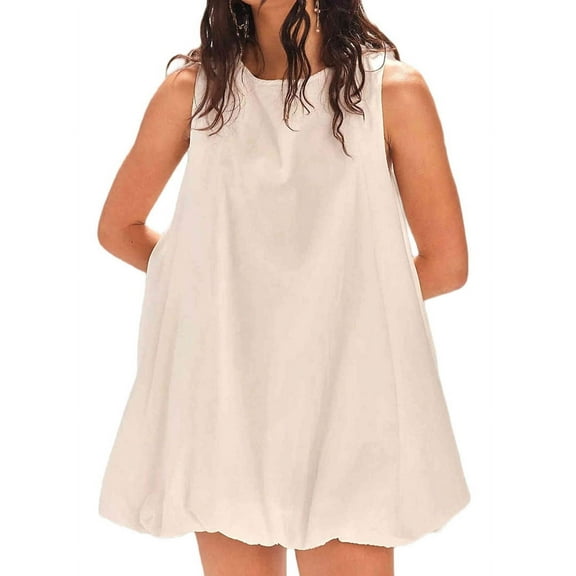 Mini Dress for Women Summer Sleeveless Keyhole Tie Back Tank Short Dress Crew Neck Sundress with Pockets White S