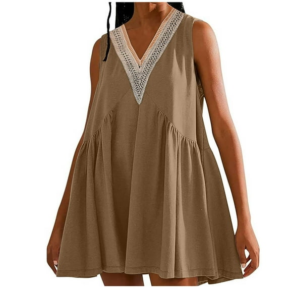 Mini Dresses for Women 2024 Plus Size Casual Comfort Solid Color Sleeveless V-Neck Dress