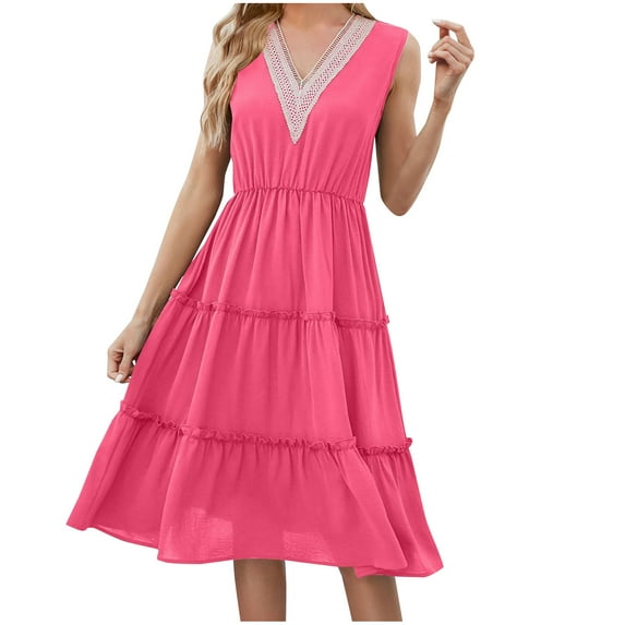 Mini Dresses for Women 2024 Plus Size Casual Spring Sleeveless V-Neck Knee-High Dress