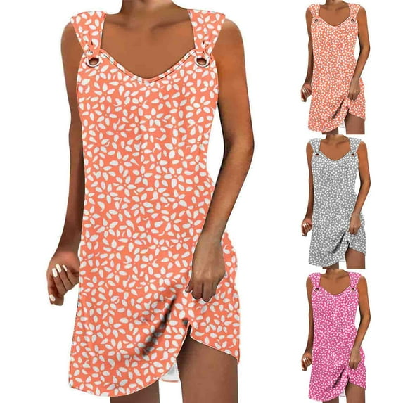 Mini Dresses for Women 2024 Plus Size Comfort Printed Sleeveless V-Neck Dress
