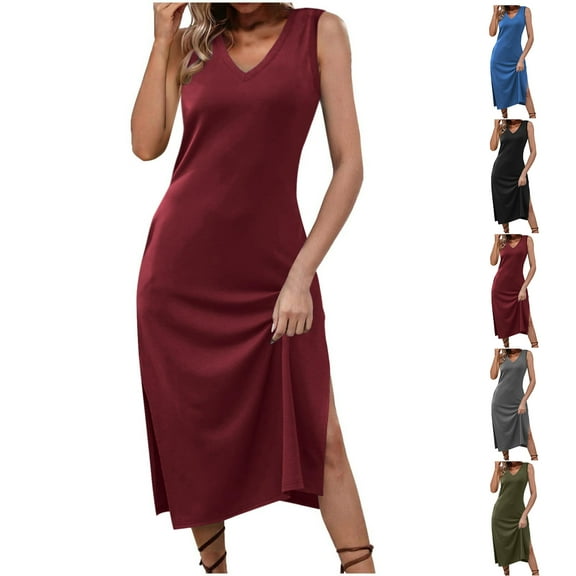 Mini Dresses for Women 2024 Plus Size Comfort Sexy Solid Color Pocket Sleeveless V-Neck Dress