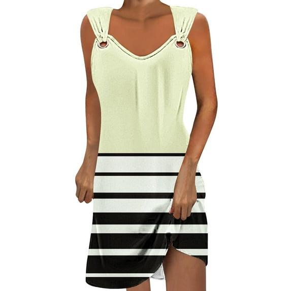 Mini Dresses for Women 2024 Plus Size Comfort Solid Color Pocket Sleeveless V-Neck Dress