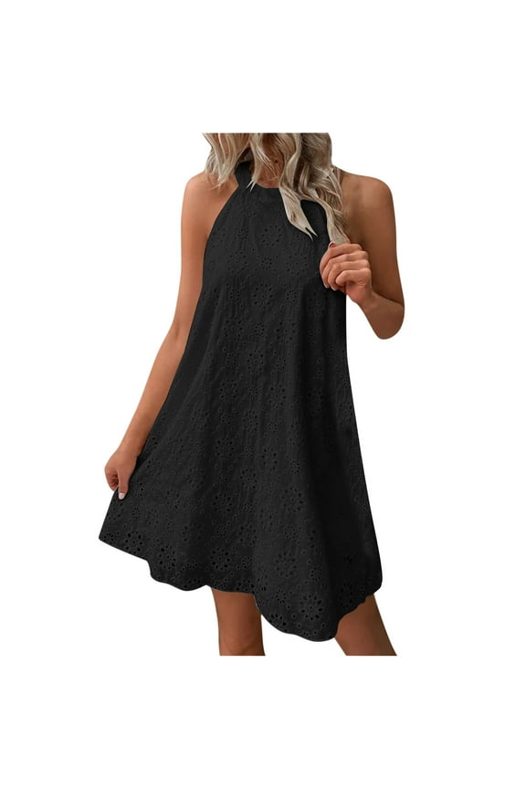 Mini Dresses for Women 2024 Plus Size Embroidery Sleeveless Keyhole Back Neck Aline Dress Casua Solid Skirt