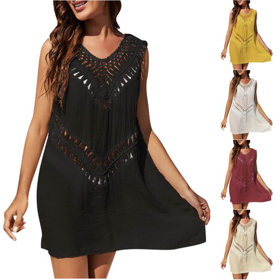 Mini Dresses for Women 2024 Plus Size Sleeveless Casual Solid Color V-Neck Hollowed Out Beach Dress