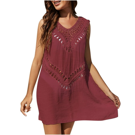 Mini Dresses for Women 2024 Plus Size Sleeveless Casual Solid Color V-Neck Hollowed Out Beach Dress