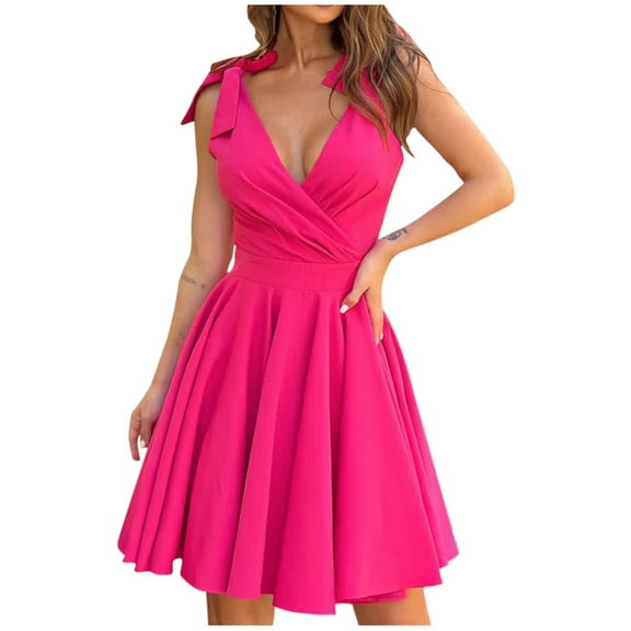 Mini Dresses for Women 2024 Plus Size Solid Color Sleeveless V-Neck High Straps Waist Dress