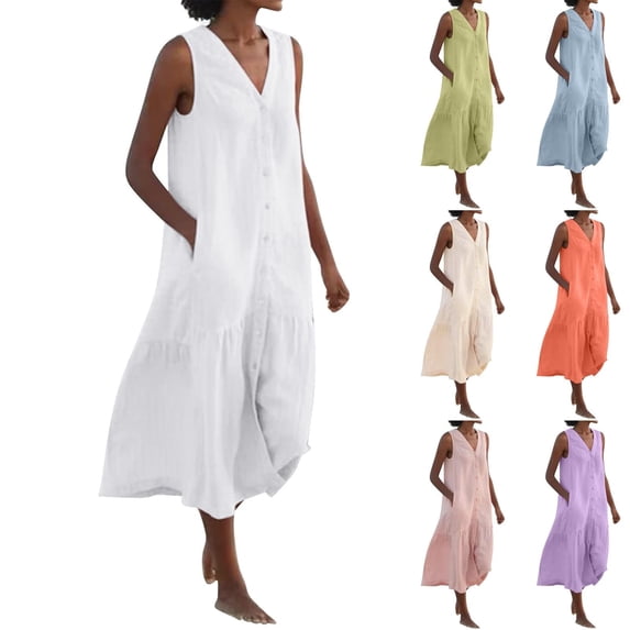 Mini Dresses for Women 2024 Plus Size Solid Solor Button Pocket Sleeveless V-Neck Dress