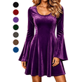 thumbnail image 1 of Mini Dresses for Women Crewneck Flare Long Sleeve Waist Cinched Pleated Flowy Fall Winter Formal Cocktail Party Wedding Guest Dress,Sizes S-3XL, 1 of 8
