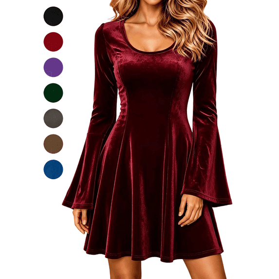 Mini Dresses for Women Crewneck Flare Long Sleeve Waist Cinched Pleated Flowy Fall Winter Formal Cocktail Party Wedding Guest Dress,Sizes S-3XL