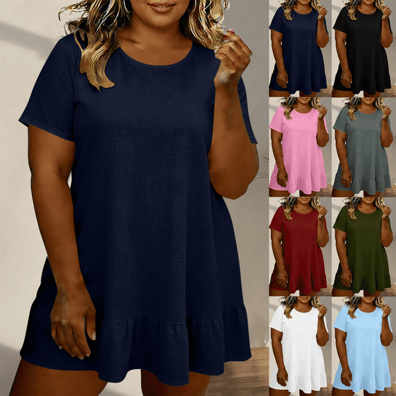Mini Dresses for Women Plus Size Crewneck Short Sleeve Ruffled Flowy Vacation Casual T Shirt Dress S-5XL