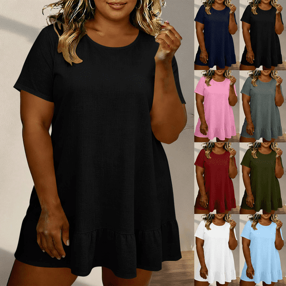 Mini Dresses for Women Plus Size Crewneck Short Sleeve Ruffled Flowy Vacation Casual T Shirt Dress S-5XL