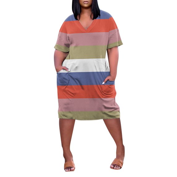 Mini Dresses for Women Summer Dress Womens Plus Size A Line Dress Print V Neck Short Sleeve Spring Summer Casual Knee Length Dress Casual Daily Dress