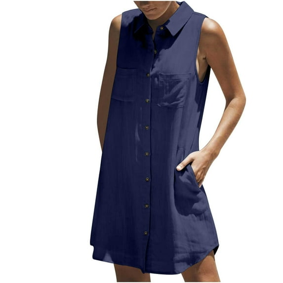 Mini Dresses for Women Summer Single Breasted Shirt Dress Casual Solid Color Sleeveless Dress Trendy Beach Vacation Outfits