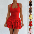 thumbnail image 1 of Mini Dresses for Women Tie Strap Halter Backless Square Neck Sleeveless Tiered Ruffle Party Going Out Dresses XS-L, 1 of 6