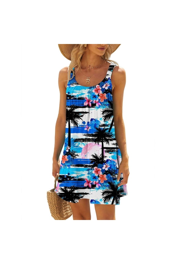 Mini Dresses for Women White Floral Round Neck Sleeveless Gradient Tie Dyed Beach Dress
