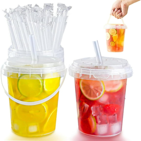 Mini Drink Buckets with Lids and Straws, 24oz Reusable Clear Plastic Bucket Cups for Drinks, 5/10/15/20Sets Mini Bucket for Drinks, Suitable for Outdoor Beverage Packaging Pool Party