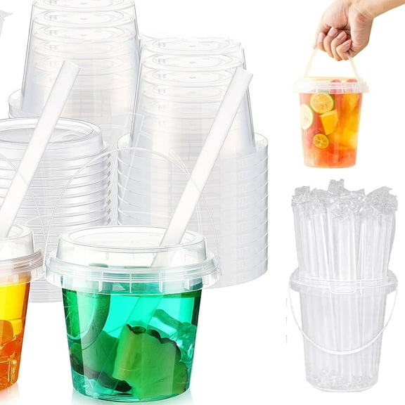 Mini Drink Buckets with Lids and Straws, 24oz Reusable Clear Plastic Bucket Cups for Drinks, 5/10/15/20Sets Mini Bucket for Drinks, Suitable for Outdoor Beverage Packaging Pool Party