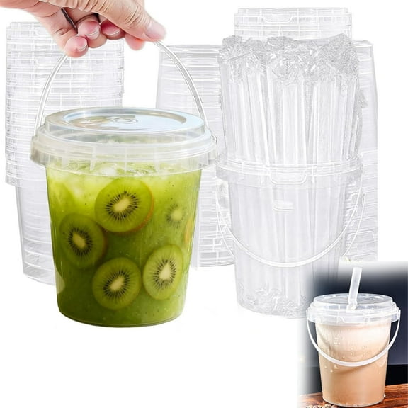 Mini Drink Buckets with Lids and Straws, Plastic Cups with Lids and Straws, Reusable Plastic Boozy Buckets for Drinks, for Outdoor Travel Beverage Packaging Pool Party (10set)