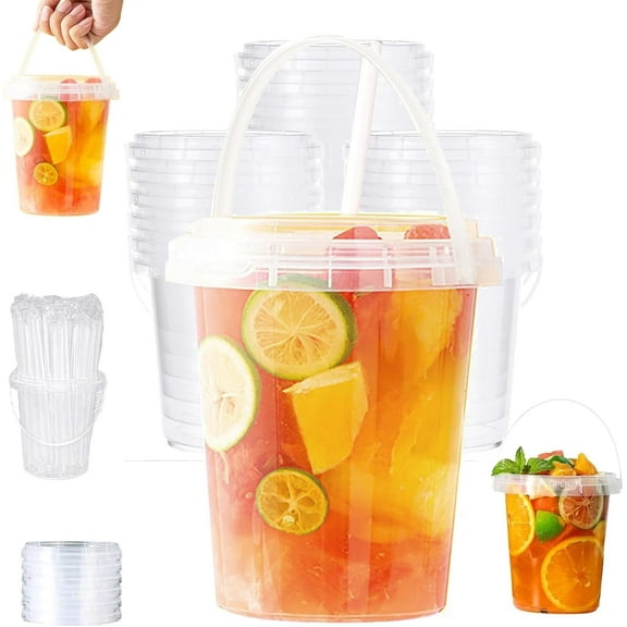 Mini Drink Buckets with Lids and Straws, Plastic Drink Buckets with Straw Lid 24oz, Coffee Bucket with Lid and Straw, with Transparent Packaging Bag