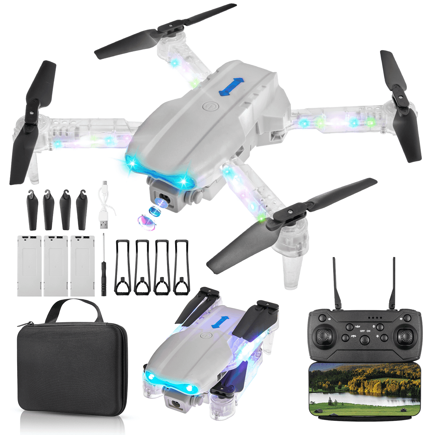 Drone with HD Camera for Adults Kids, WIFI FPV RC Quadcopter with Colorful LED Lights, Foldable RC Drone with 3 Batteries, Carrying Case