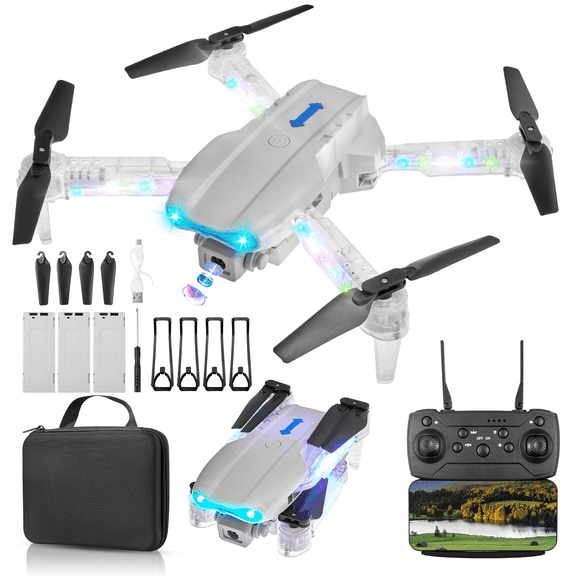 Drone with HD Camera for Adults Kids, WIFI FPV RC Quadcopter with Colorful LED Lights, Foldable RC Drone with 3 Batteries, Carrying Case