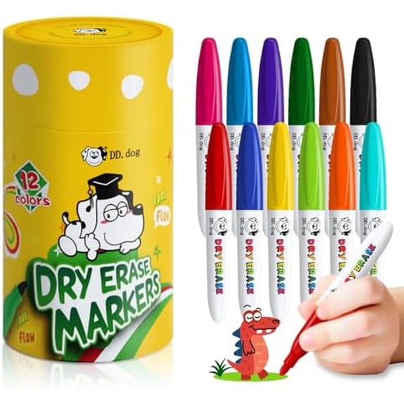 Mini Dry Erase Markers for Kids, Small 12 Colored Non-Toxic Fine Tip White board Markers, Low-Odor Whiteboard Markers Set for Classroom, Home & School Art Supplies (12 Pack)$$Office