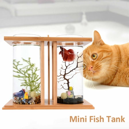 Mini Dual Glass Fish Tank Bamboo Wood Base Fish Tank Desktop Goldfish Fish Tank Small Desktop Aquarium Innovative Ecological Bamboo Wood Glass Fish Tank 2 Tanks Dual Glass Desktop Aquarium Betta