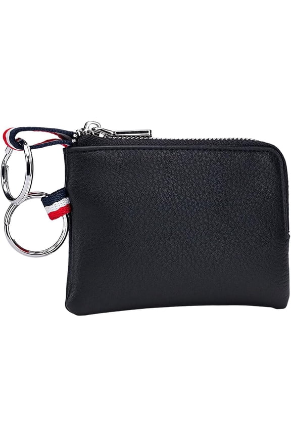 Mini Dual Keyrings Cowhide Pouch Black Leather Purse with Key Rings Small Portable Card Holder Key Chain Wallet Zipper Pocket Bag Keychain for Women