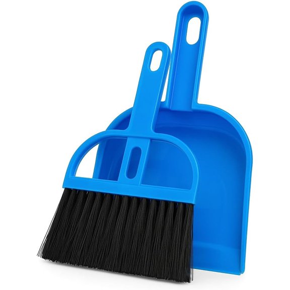 Mini Dustpan and Brush Set, Compact Desktop Cleaning Kit with Black Bristles, Red and Blue Colors