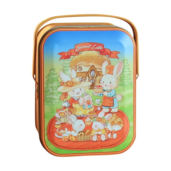Mini Easter Basket Tin Box with Handle, Vintage Rabbit Metal Picnic Case for Treats, Tinplate Empty Tins Jars Cookie Box Reusable Decorative Storage Gift Box