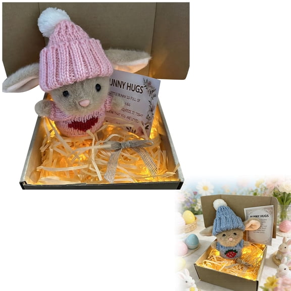 Mini Easter Bunny Hug with LED Light, Cute Plush Bunny in a Gift Box, Crochet Knit Rabbit Doll with Inspirational Card, Soft Floppy Stuffed Animal for Easter Gifts, Home Decor, Pink