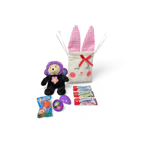 Mini Easter Candy Treat Bag with Bunny Canvas Drawstring Pouch, Candy Assortment & Spring Keepsake, Small Easter Basket Stuffer (7 in Tall)